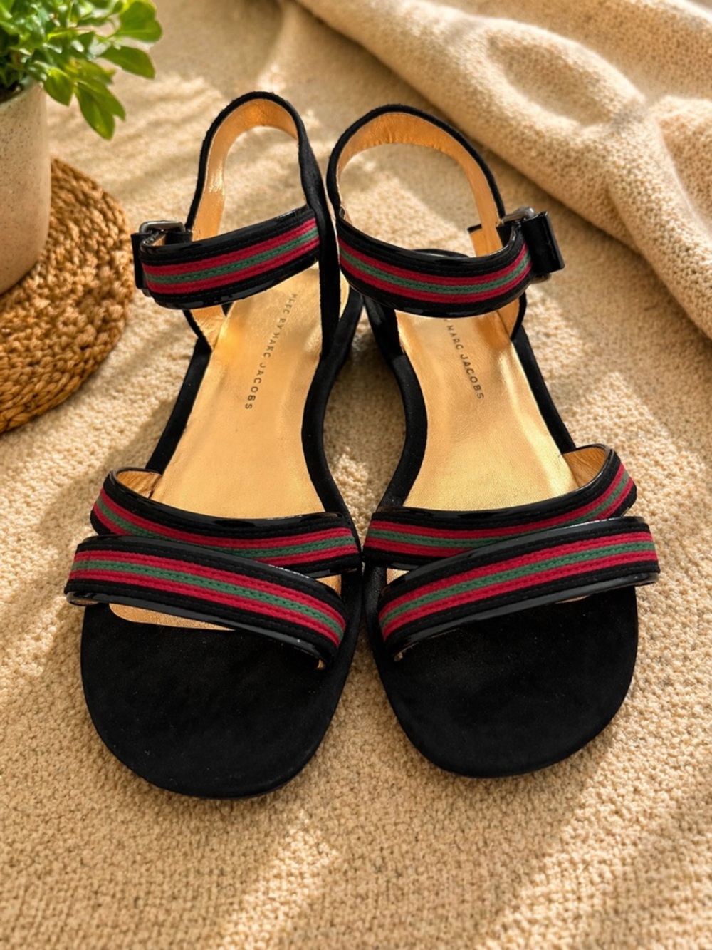 Marc Jacobs Black Suede Sandals with Red and Green Striped Webbing NWOT Size 8.5